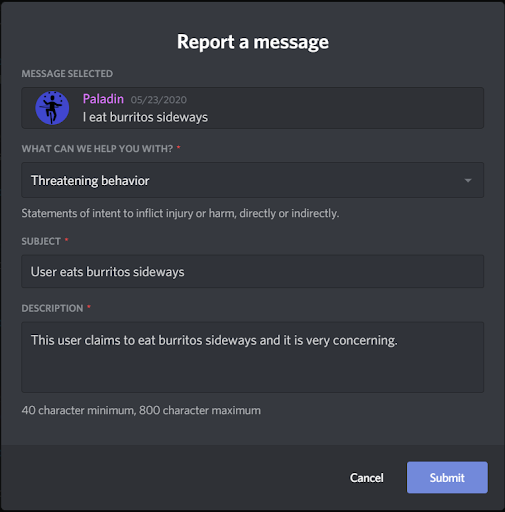 Submit report in discord