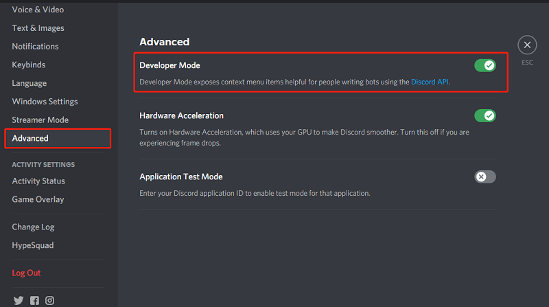 Switch on developer mode in discord