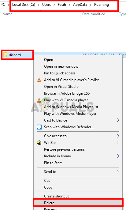 Delete the Discord folder from Windows Explorer