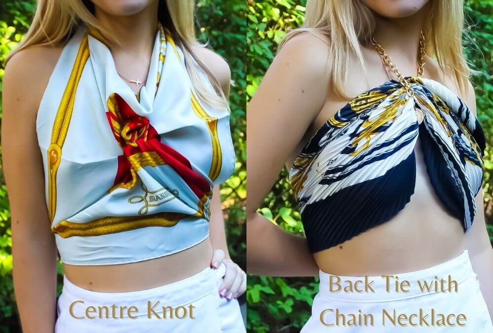Tie a scarf as a center knot & back tie with chain necklace