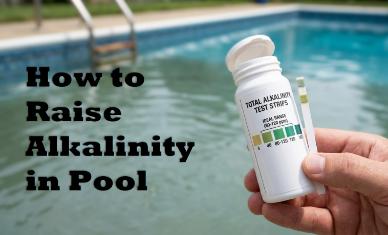 Checking pool water levels with a test strip to determine how to raise alkalinity in pool